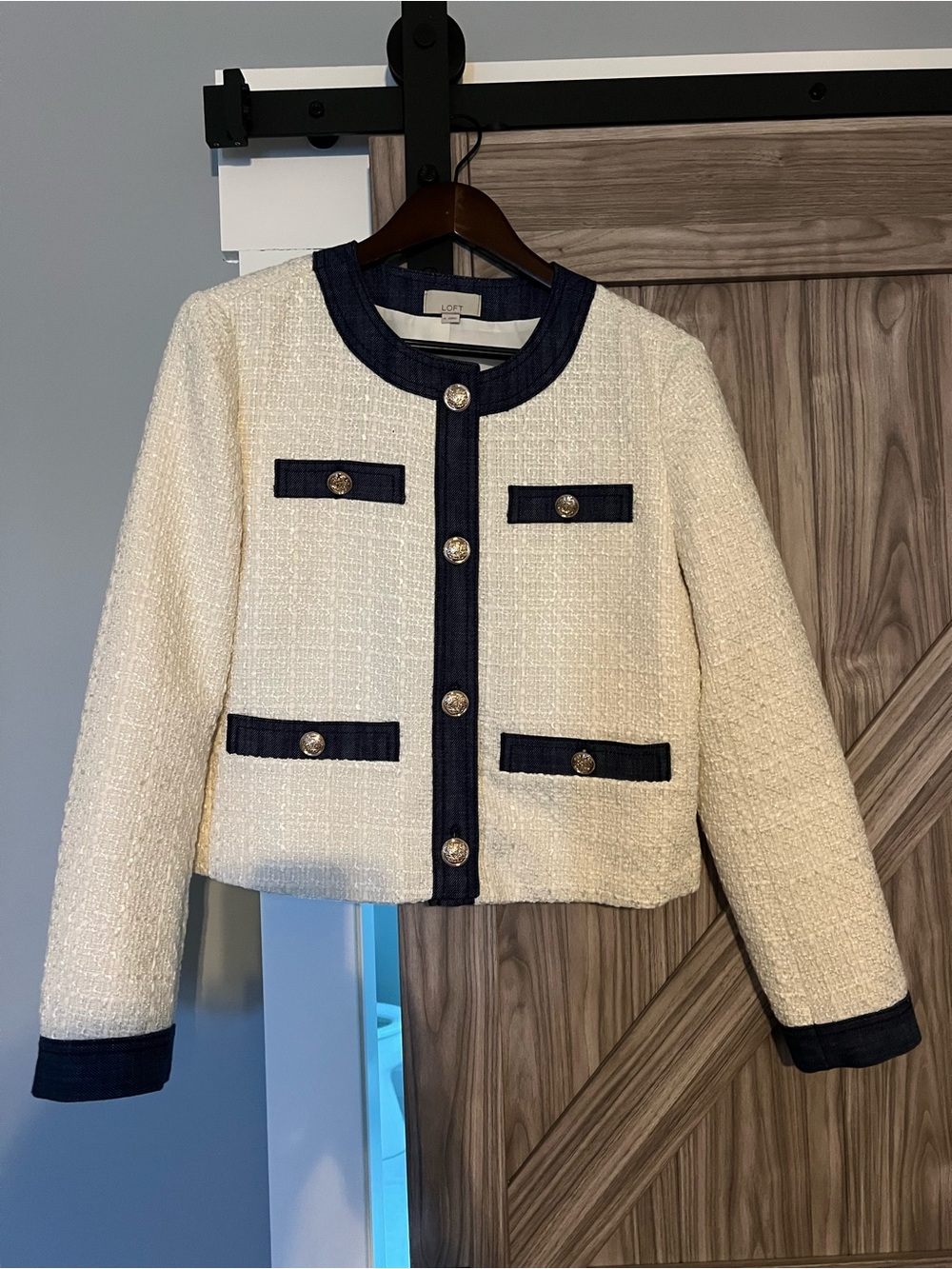 LOFT Cream Tweed Jacket with Navy Trim and Gold Buttons